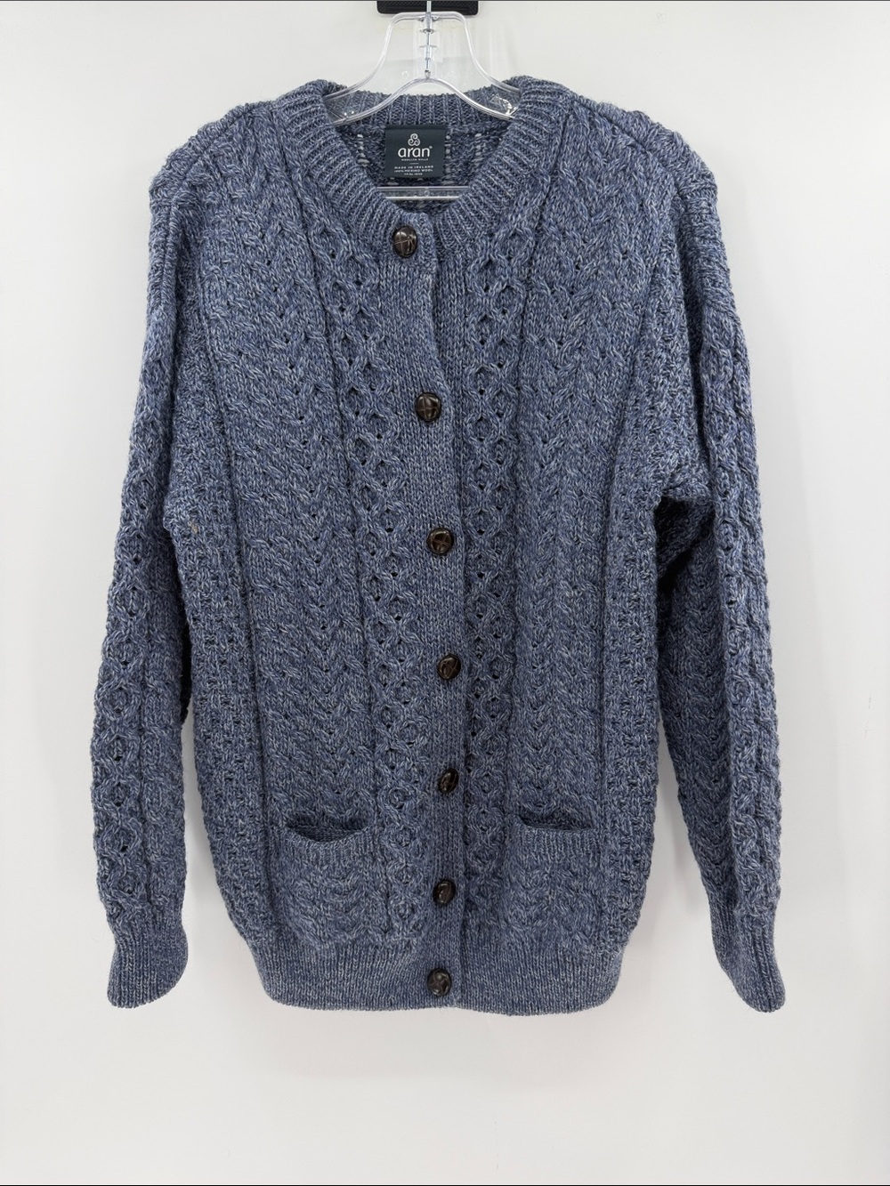 Aran Woollen Mills Women's 100% Merino Wool Chunky Knit Cardigan - Blue - Small